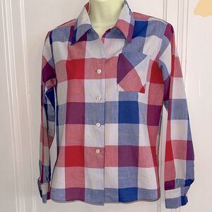 Vintage 60s‎ Ship ‘n Shore Red, White & Blue Large Check Long Sleeve Shirt